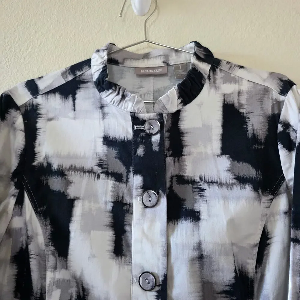 Chicos Abstract Print Button Front Jacket Womens Size 1 Black Gray 3 4 Sleeve - Picture 2 of 12